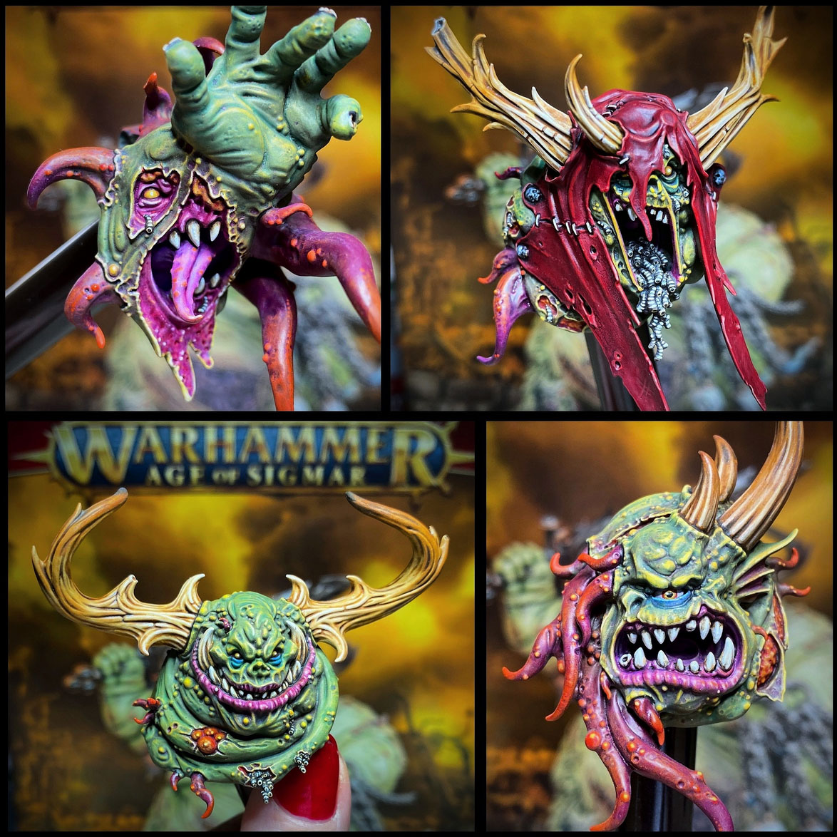 The Great Unclean One / Rotigus is built and painted. There are 3 different distinct builds for AOS and 40K. I have magnetized all the parts of the Great Unclean One and Rotigus. We now have 3 different heads, 3 left arms, 3 right arms and 2 stomach inserts. This way, you can play any variant you want. This is a truly vile model (in the most positive sense of the word!) – it celebrates its corpulence, with rotten, torn flesh slipping aside on its enormous gut to reveal winding intestines within. What an awesome model. Those details are perfectly gruesome. Warhammer - Age of Sigmar and 40K Maggotkin of Nurgle. 👉 Do you want me to build or paint for you? Feel free to contact me. I am excited to hear from you! Height: 13 cm (without weapons) Patching: Green Stuff by citadel_paints Base: custom made with clay Paints: vallejocolors Painted to level: Display Publisher: warhammerofficial Painted by: Debbie Maasdam