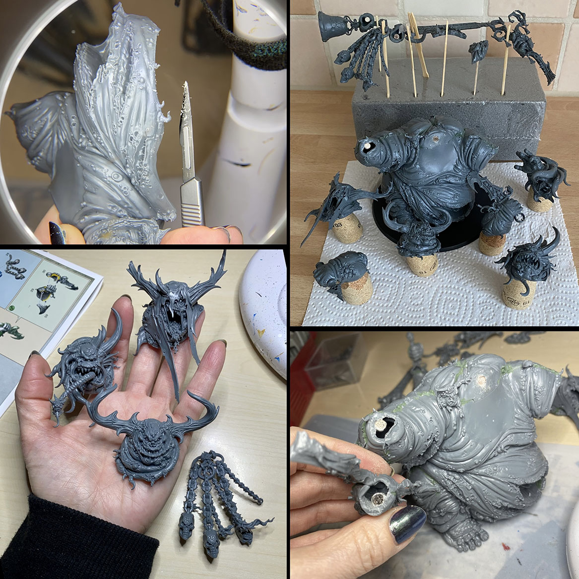 The Great Unclean One / Rotigus is built and painted. There are 3 different distinct builds for AOS and 40K. I have magnetized all the parts of the Great Unclean One and Rotigus. We now have 3 different heads, 3 left arms, 3 right arms and 2 stomach inserts. This way, you can play any variant you want. This is a truly vile model (in the most positive sense of the word!) – it celebrates its corpulence, with rotten, torn flesh slipping aside on its enormous gut to reveal winding intestines within. What an awesome model. Those details are perfectly gruesome. Warhammer - Age of Sigmar and 40K Maggotkin of Nurgle. 👉 Do you want me to build or paint for you? Feel free to contact me. I am excited to hear from you! Height: 13 cm (without weapons) Patching: Green Stuff by citadel_paints Base: custom made with clay Paints: vallejocolors Painted to level: Display Publisher: warhammerofficial Painted by: Debbie Maasdam