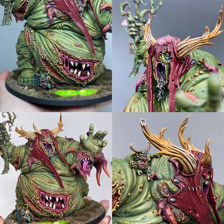 The Great Unclean One / Rotigus is built and painted. There are 3 different distinct builds for AOS and 40K. I have magnetized all the parts of the Great Unclean One and Rotigus. We now have 3 different heads, 3 left arms, 3 right arms and 2 stomach inserts. This way, you can play any variant you want. This is a truly vile model (in the most positive sense of the word!) – it celebrates its corpulence, with rotten, torn flesh slipping aside on its enormous gut to reveal winding intestines within. What an awesome model. Those details are perfectly gruesome. Warhammer - Age of Sigmar and 40K Maggotkin of Nurgle. 👉 Do you want me to build or paint for you? Feel free to contact me. I am excited to hear from you! Height: 13 cm (without weapons) Patching: Green Stuff by citadel_paints Base: custom made with clay Paints: vallejocolors Painted to level: Display Publisher: warhammerofficial Painted by: Debbie Maasdam