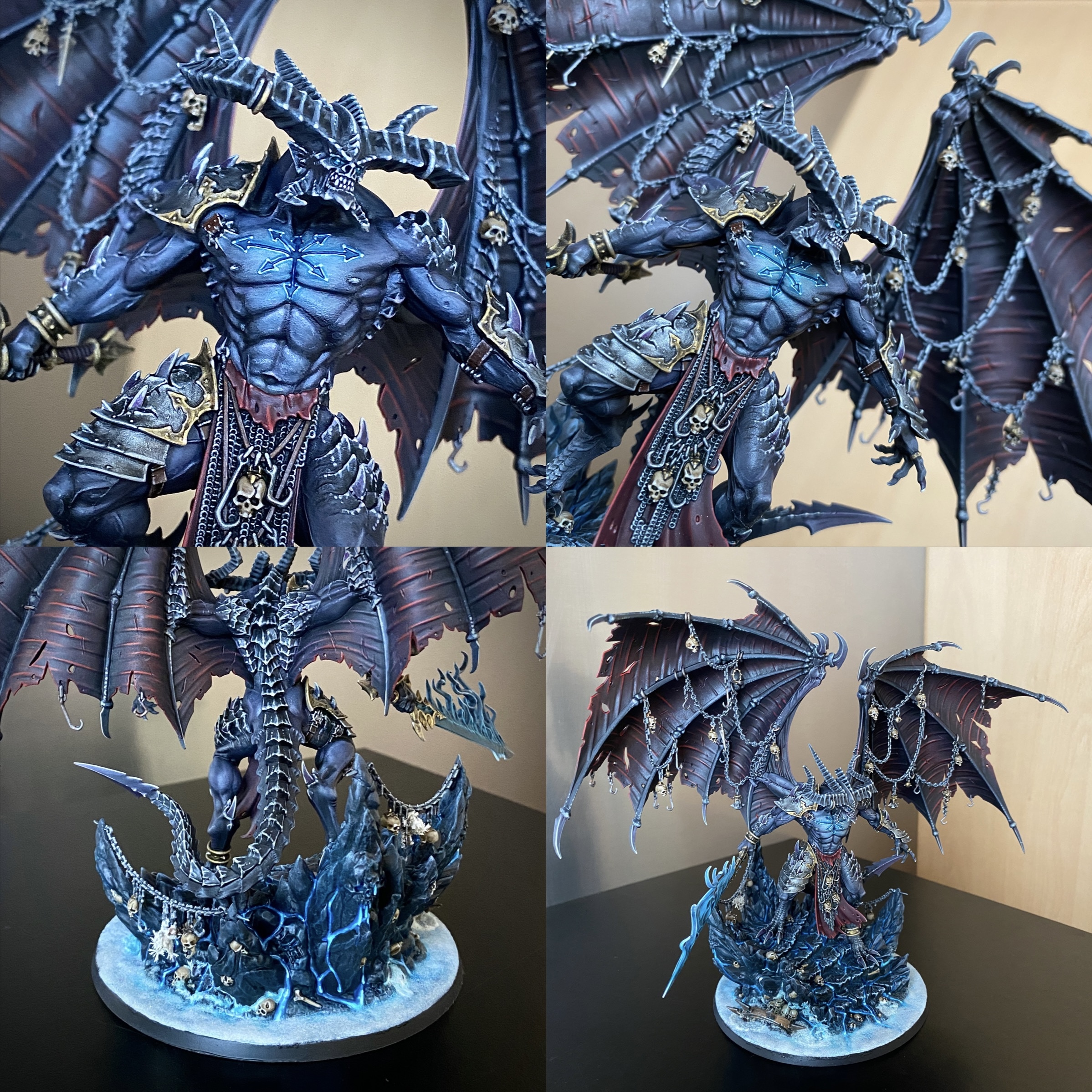 Meet Be’lakor, the first Daemon Prince of Chaos! I assembled, patched and painted this beautiful model for a client. Be’lakor is every bit the creature of nightmare he appears to be. Supernaturally skilled in both the martial and magical arts, his imposing figure is the perfect centrepiece for an army of Chaos and a potent wrecking ball with which to cast your enemies aside. I build the kit option themed for a Warhammer Age of Sigmar Slaves to Darkness army with a hand made icy base. Height: 18 cm (with base) Patching: Green Stuff by citadel_paints Base: custom made with ice and snow Paints: vallejocolors Painted to level: Display Publisher: warhammerofficial Painted by: Debbie Maasdam