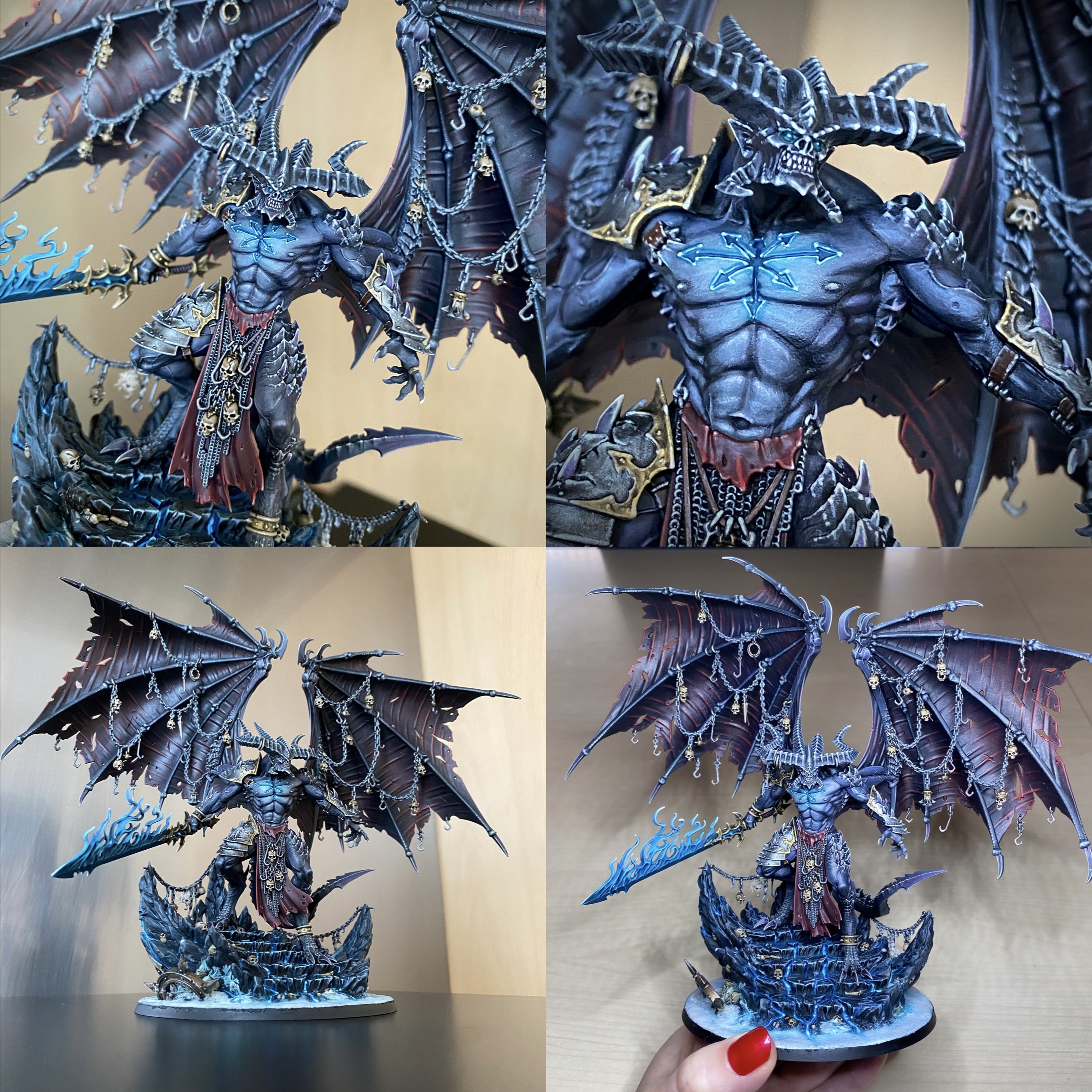 Meet Be’lakor, the first Daemon Prince of Chaos! I assembled, patched and painted this beautiful model for a client. Be’lakor is every bit the creature of nightmare he appears to be. Supernaturally skilled in both the martial and magical arts, his imposing figure is the perfect centrepiece for an army of Chaos and a potent wrecking ball with which to cast your enemies aside. I build the kit option themed for a Warhammer Age of Sigmar Slaves to Darkness army with a hand made icy base. Height: 18 cm (with base) Patching: Green Stuff by citadel_paints Base: custom made with ice and snow Paints: vallejocolors Painted to level: Display Publisher: warhammerofficial Painted by: Debbie Maasdam