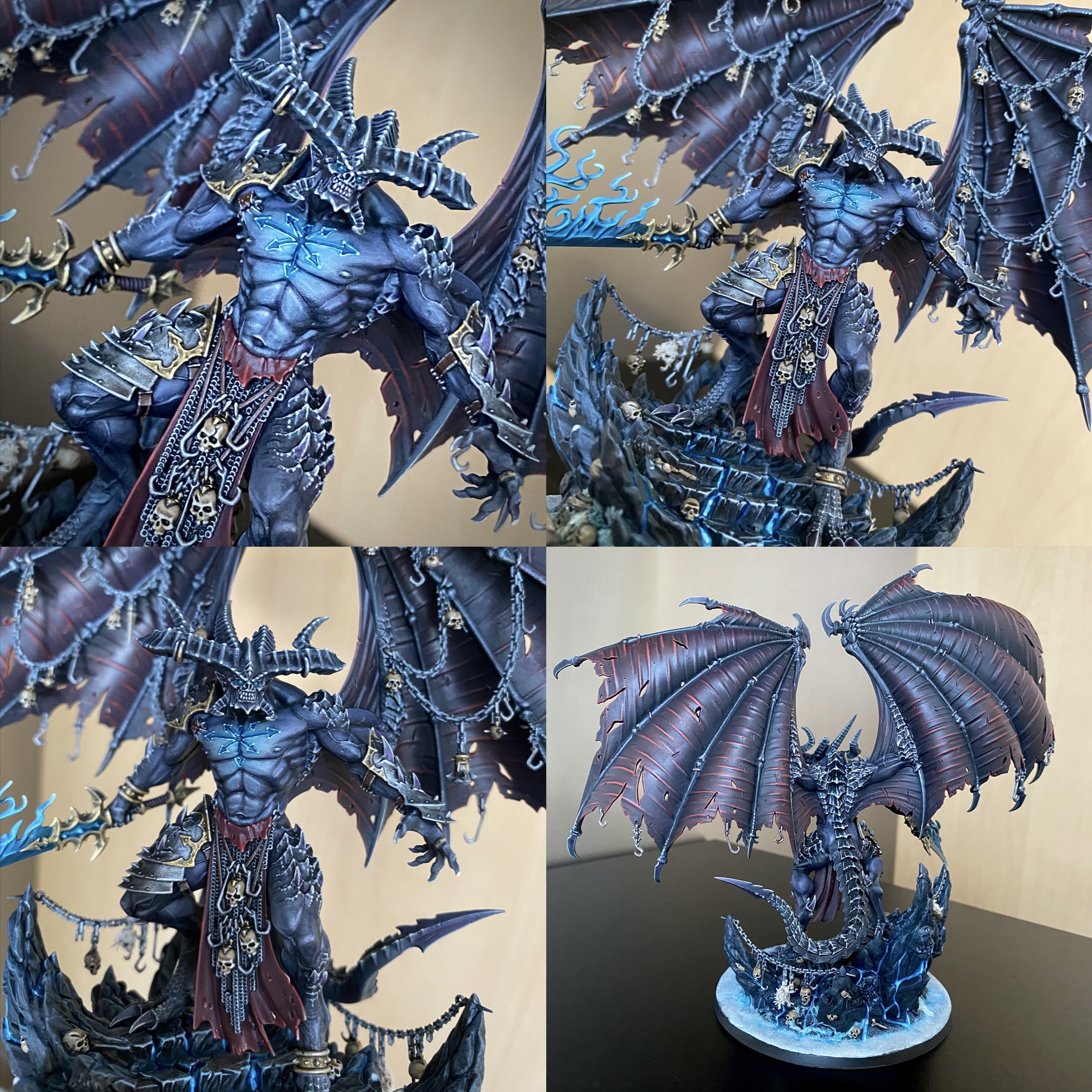 Meet Be’lakor, the first Daemon Prince of Chaos! I assembled, patched and painted this beautiful model for a client. Be’lakor is every bit the creature of nightmare he appears to be. Supernaturally skilled in both the martial and magical arts, his imposing figure is the perfect centrepiece for an army of Chaos and a potent wrecking ball with which to cast your enemies aside. I build the kit option themed for a Warhammer Age of Sigmar Slaves to Darkness army with a hand made icy base. Height: 18 cm (with base) Patching: Green Stuff by citadel_paints Base: custom made with ice and snow Paints: vallejocolors Painted to level: Display Publisher: warhammerofficial Painted by: Debbie Maasdam