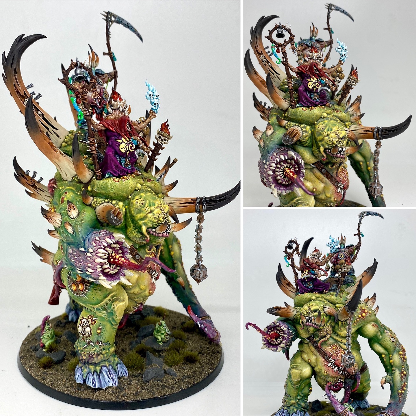 The Glottkin is all done! I really loved making this beautiful model for a client. Assembling, patching and painting by me. The Glottkin, also known as the ‘Befouled Brothers of Nurgle’ are a trio of Chaos Champions dedicated to Nurgle. The 2 small brothers are caried around by their colossal mutated big bro! This model has so many gory details. Love it! More pics coming up in my next post😊 Warhammer - Age of Sigmar Maggotkin of Nurgle . . . . . . . . Height: 23 cm Patching: Green Stuff by citadel_paints Base: custom made Paints: vallejocolors Painted to level: Display Publisher: warhammerofficial 👉 Do you want me to build or paint for you? Feel free to contact me. I am excited to hear from you! ____ #nurgle #nurgledaemons #nurglearmy #nurgle40k #nurglesrot #nurglerotbringers #nurgledemons #papanurgle #maggotkinofnurgle #glottkin #theglottkin #maggotkin #warhammer #warhammerfantasy #ageofsigmar #aos #warhammerpainting #paintingwarhammer #miniatures #miniaturepainting #warhammernurgle #nurgledaemons #nurglesrotters #deamon #deamons #warhammerdeamons