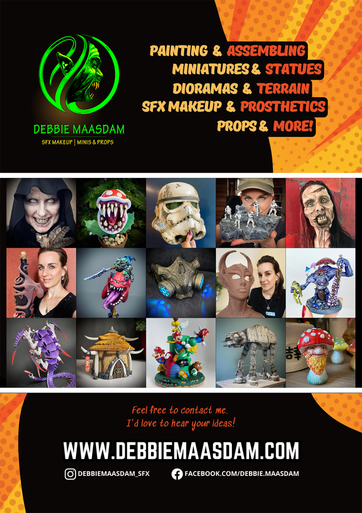 Painting Service by Debbie Maasdam. A flyer of www.debbiemaasdam.com. Debbie Maasdam is a commission painter who specializes in assembling, repairing and painting your favorite miniatures, terrain and bases. Debbie also creates dioramas and props for cosplay and events. She is also a Special Effects Makeup Artist. Check out her portfolio.